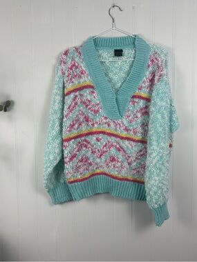 Vintage Pastel Chunky Knit Sweater Retro Chevron Cozy Cottagecore Soft Girl M/L